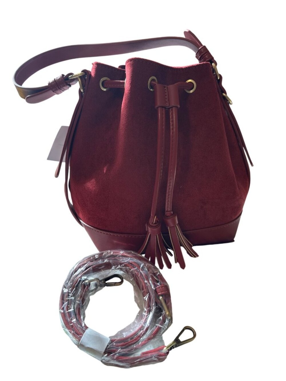 Burgundy Suede Leather Bucket Bag With Tassel Drawstring & Adjustable Strap - Picture 4 of 8